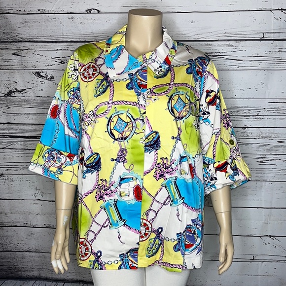 George Simonton NWT 3X Fish Nautical Bahamas Vacation Print Button Front Jacket - Picture 2 of 6